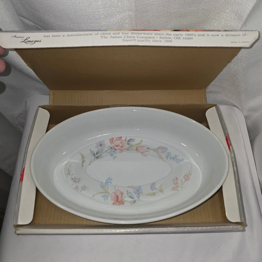 American Limoges Flowers 12 Inch Oval Baker Fine Porcelain Floral Casserole Dish